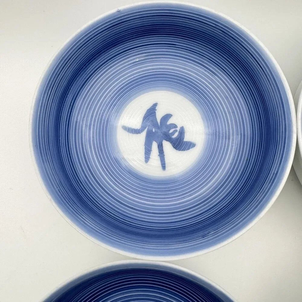 Japanese Blue White Porcelain Rice Bowls Spiral Ribbed 5.5